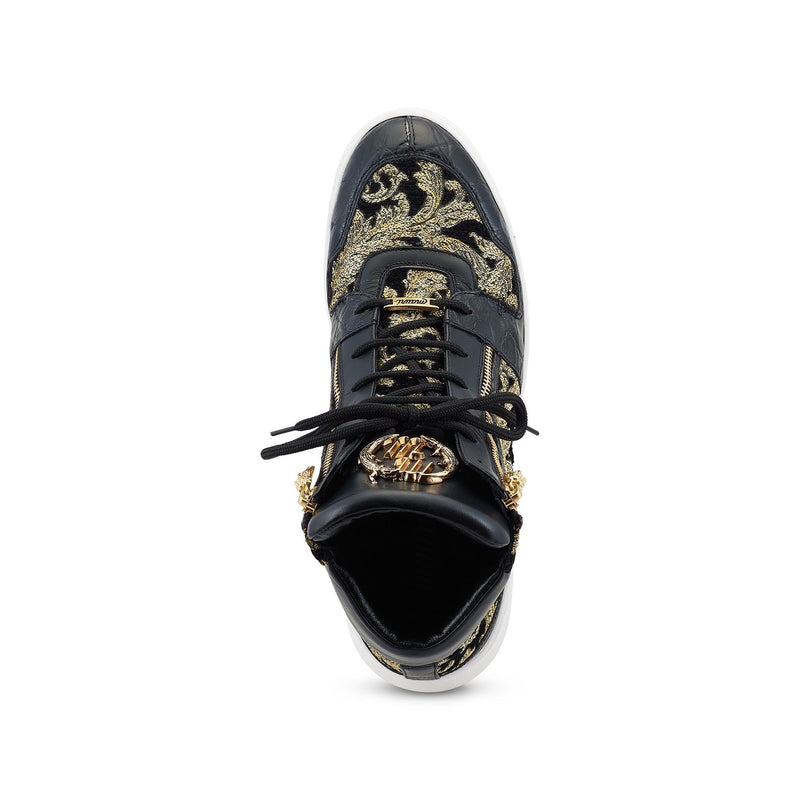 Mauri 24 K 8494 Men's Shoes Black & Gold Exotic Alligator / Damask Fabric / Calf-Skin Leather Casual High-Top Sneakers (MA5497)-AmbrogioShoes