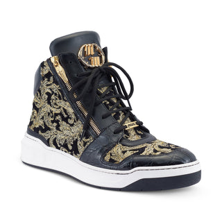 Mauri 24 K 8494 Men's Shoes Black & Gold Exotic Alligator / Damask Fabric / Calf-Skin Leather Casual High-Top Sneakers (MA5497) (Special Order)-AmbrogioShoes