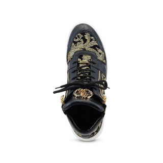 Mauri 24 K 8494 Men's Shoes Black & Gold Exotic Alligator / Damask Fabric / Calf-Skin Leather Casual High-Top Sneakers (MA5497) (Special Order)-AmbrogioShoes