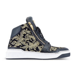 Mauri 24 K 8494 Men's Shoes Black & Gold Exotic Alligator / Damask Fabric / Calf-Skin Leather Casual High-Top Sneakers (MA5497) (Special Order)-AmbrogioShoes