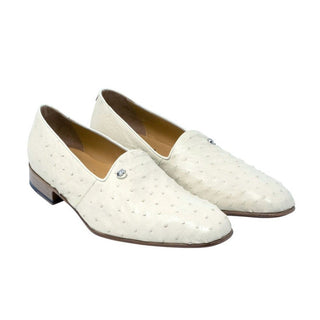 Mauri 3034 Sand-Stone Men's Designer Shoes Winter White Exotic Ostrich Slip-On Loafers (MA5102) (Special Order)-AmbrogioShoes