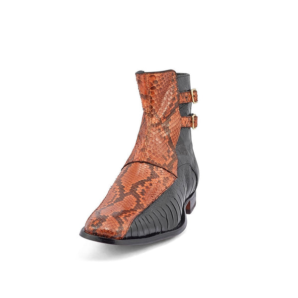 Mauri 3081 Serpent Men's Shoes Black & Gold Exotic Ostrich Leg / Python Boots (MA5372)-AmbrogioShoes