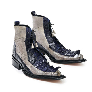Mauri 44187 Dragon Men's Designer Shoes Arce Raindrops and Wonder Blue Body Alligator / Ostrich Leg Boots (MA5012) (Special Order)-AmbrogioShoes