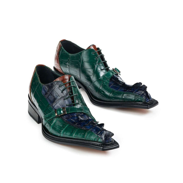 Mauri 44190 Raptor Men's Shoes Green / Gold / Blue Hornback Baby Crocodile Oxfords (MA5015)-AmbrogioShoes