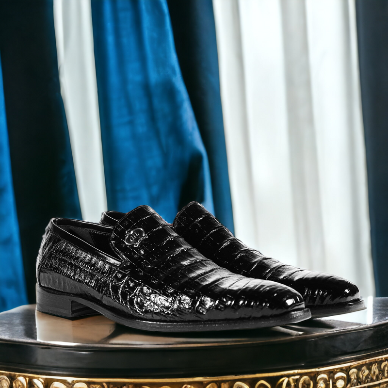 Mauri 4912 Monarch Men's Shoes Black Exotic Crocodile Slip-On Loafers (MA5319)-AmbrogioShoes