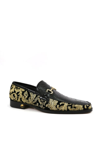 Mauri 4938 Majesty Black & Gold Exotic Ostrich Leg / Didier Fabric Horsebit Loafers (MA5331)-AmbrogioShoes