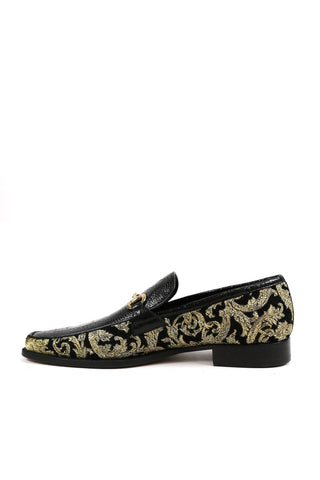 Mauri 4938 Majesty Black & Gold Exotic Ostrich Leg / Didier Fabric Horsebit Loafers (MA5331)-AmbrogioShoes