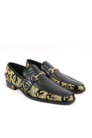 Mauri 4938 Majesty Black & Gold Exotic Ostrich Leg / Didier Fabric Horsebit Loafers (MA5331)-AmbrogioShoes