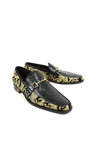 Mauri 4938 Majesty Black & Gold Exotic Ostrich Leg / Didier Fabric Horsebit Loafers (MA5331)-AmbrogioShoes