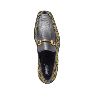 Mauri 4938 Majesty Black & Gold Exotic Ostrich Leg / Didier Fabric Horsebit Loafers (MA5331) (Special Order)-AmbrogioShoes