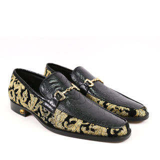 Mauri 4938 Majesty Black & Gold Exotic Ostrich Leg / Didier Fabric Horsebit Loafers (MA5331) (Special Order)-AmbrogioShoes