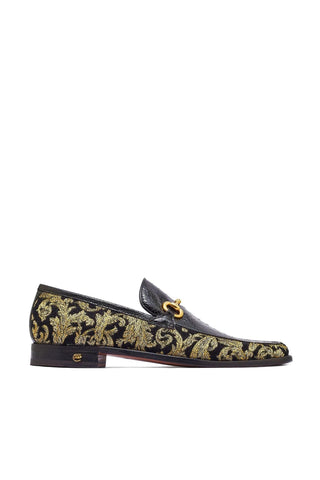 Mauri 4938 Majesty Black & Gold Exotic Ostrich Leg / Didier Fabric Horsebit Loafers (MA5331)-AmbrogioShoes