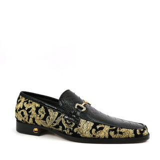 Mauri 4938 Majesty Men's Shoes Black & Gold Exotic Ostrich Leg / Didier Fabric Horsebit Loafers (MA5331) (Special Order)-AmbrogioShoes