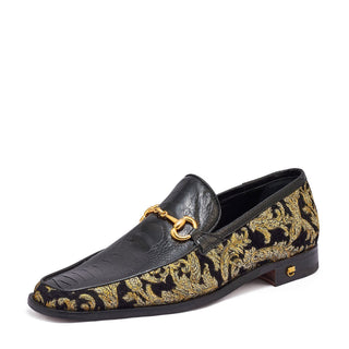 Mauri 4938 Majesty Men's Shoes Black & Gold Exotic Ostrich Leg / Didier Fabric Horsebit Loafers (MA5331) (Special Order)-AmbrogioShoes