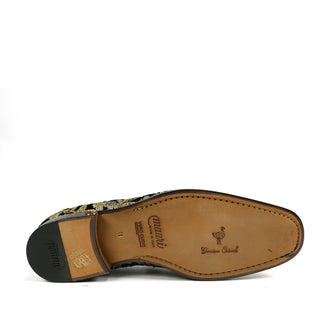 Mauri 4938 Majesty Men's Shoes Black & Gold Exotic Ostrich Leg / Didier Fabric Horsebit Loafers (MA5331) (Special Order)-AmbrogioShoes