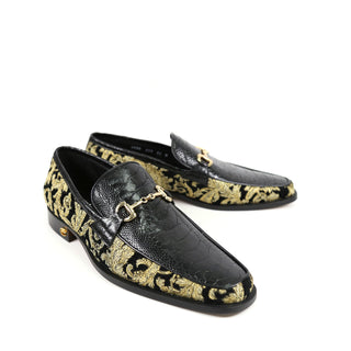 Mauri 4938 Majesty Men's Shoes Black & Gold Exotic Ostrich Leg / Didier Fabric Horsebit Loafers (MA5331) (Special Order)-AmbrogioShoes