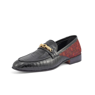 Mauri 4946 Monet Men's Shoes Black & Coral Red Exotic Ostrich Leg / Matahari Fabric Horsebit Loafers (MA5398)(Special Order)-AmbrogioShoes