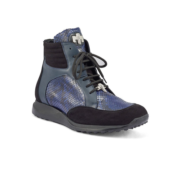Mauri 8421 Viper Men's Shoes Black & Wonder Blue Exotic Python / Nappa / Suede Leather High-Top Sneakers (MA5369)-AmbrogioShoes