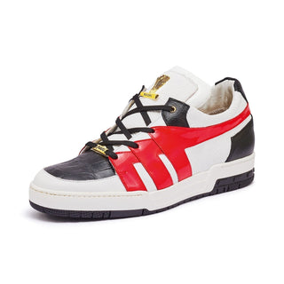 Mauri 8424 Outlaw Men's Shoes White, Black & Red Exotic Crocodile / Patent / Patent Leather Sneakers (MA5349) (Special Order)-AmbrogioShoes