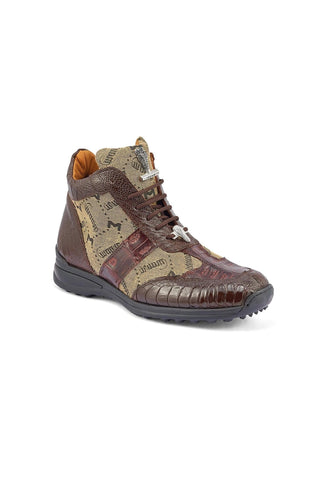 Mauri 8430 Signature Black & Gray Exotic Ostrich Leg / Crocodile / Mauri Fabric Casual Sneakers (MA5393)-AmbrogioShoes