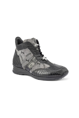 Mauri 8430 Signature Black & Gray Exotic Ostrich Leg / Crocodile / Mauri Fabric Casual Sneakers (MA5393)