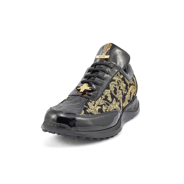 Mauri 8514 Blunt Men's Shoes Black & Gold Exotic Crocodile / Didier Fabric / Patent Leather Casual Sneakers (MA5365)-AmbrogioShoes