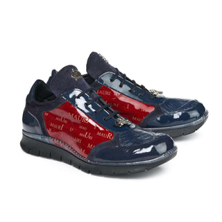 Mauri 8571 Legend Men's Designer Shoes Red and Wonder Blue Baby Crocodile / Suede / Patent Leather Sneakers (MA5025) (Special Order)-AmbrogioShoes