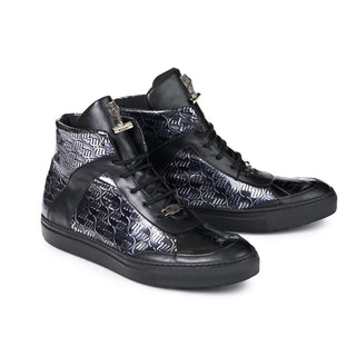 Mauri 8583 Heart Men's Designer Shoes Nappa Black Calf-Skin Print and Baby Crocodile Sneakers (MA5016) (Special Order)-AmbrogioShoes
