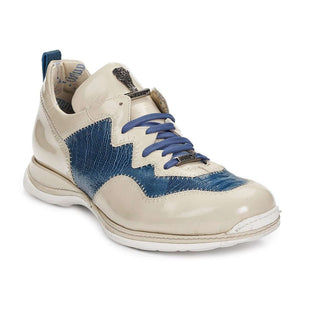Mauri 8696 Designer Shoes Exotic Skin Men's Patent Leather & Ostrich Leg Off White & Blue Sneakers 8696 (MA4930) (Special Order)-AmbrogioShoes