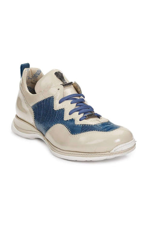 Mauri 8696 Designer Shoes Skin Men's Patent & Ostrich Leg Off White & Blue Sneakers 8696 (MA4930)-AmbrogioShoes