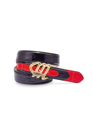 Mauri AB6 Men's Black & Red Golden Buckle Crocodile / Patent Embossed Leather Belt (MAB1021)