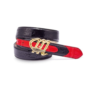 Mauri AB6 Men's Black & Red Golden Buckle Exotic Crocodile / Patent Embossed Leather Belt (MAB1021) (Special Order)-AmbrogioShoes