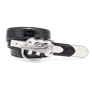 Mauri AB6 Men's Black & White Exotic Crocodile / Patent Embossed Leather Belt (MAB1020) (Special Order)-AmbrogioShoes