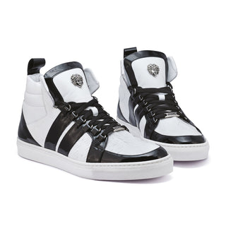 Mauri Blackjack 8410 Men's Shoes Black & White Exotic Crocodile / Patent / Nappa Leather High-Top Sneakers (MA5276)(Special Order)-AmbrogioShoes