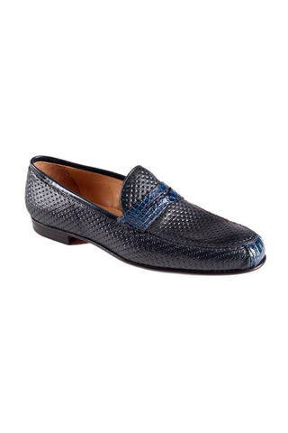 Mauri Blue Navy Exotic Crocodile / Texture Print Calf-Skin Leather Penny Loafers 4893 (MAO1032)-AmbrogioShoes
