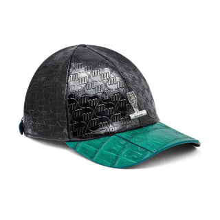 Mauri Cap H65 Men's Black & Leaf Green Exotic Crocodile / Patent Embossed Leather Hat (MAH1014)-AmbrogioShoes