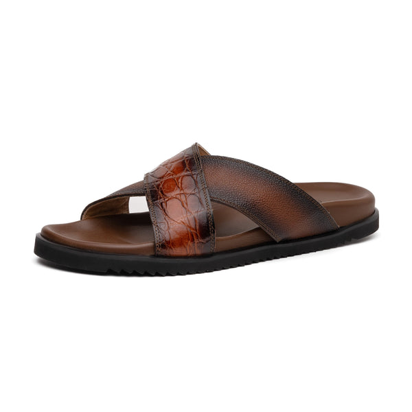Mauri Coral 5134/6 Men's Shoes Cognac with T.Moro Exotic Alligator / Time Leather Slip-on Sandals (MA5607)-AmbrogioShoes