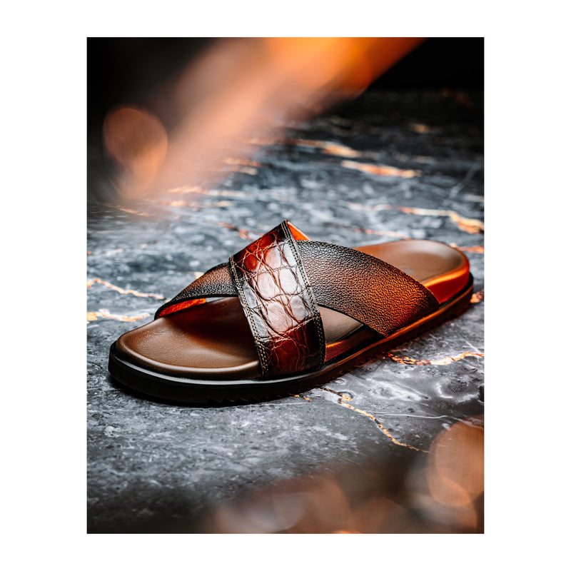 Mauri Coral 5134/6 Men's Shoes Cognac with T.Moro Exotic Alligator / Time Leather Slip-on Sandals (MA5607)-AmbrogioShoes