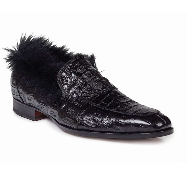 Mauri Shoes 4615 Mens Shoes Romeo Black Baby Crocodile & Kangaroo Fur Loafers Art (MA4638)-AmbrogioShoes