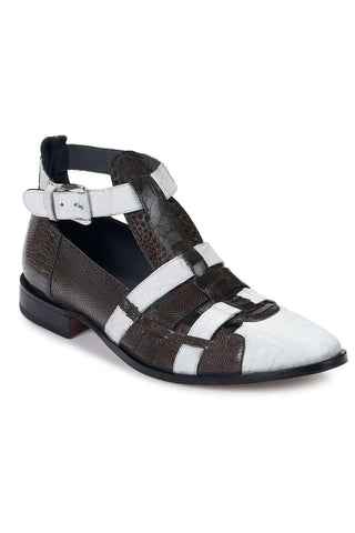 Mauri Designer Shoes Exotic Skin Men's Baby Croc & Ostrich Leg Black & White Sandals 3025 (MA4901)(Made to Order)-AmbrogioShoes