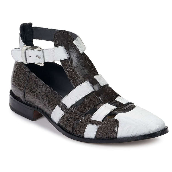 Mauri Shoes Exotic Skin Men's Baby Croc & Ostrich Leg Black & White Sandals 3025 (MA4901)-AmbrogioShoes