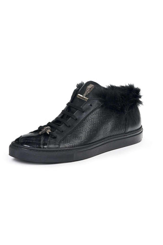 Mauri Designer Shoes Exotic Skin Men's Larice Black Kangaroo Fur & Embossed Nappa Leather Sneakers 8591(MA4817)-AmbrogioShoes