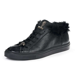 Mauri Designer Shoes Exotic Skin Men's Larice Black Kangaroo Fur & Embossed Nappa Leather Sneakers 8591(MA4817) (Special Order)-AmbrogioShoes