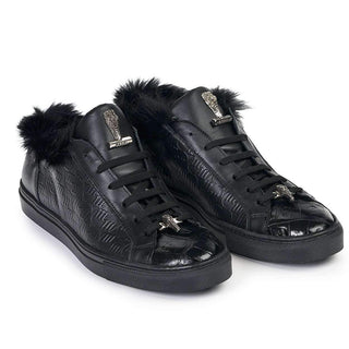 Mauri Designer Shoes Exotic Skin Men's Larice Black Kangaroo Fur & Embossed Nappa Leather Sneakers 8591(MA4817) (Special Order)-AmbrogioShoes