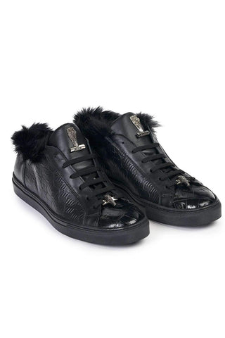 Mauri Designer Shoes Exotic Skin Men's Larice Black Kangaroo Fur & Embossed Nappa Leather Sneakers 8591(MA4817)-AmbrogioShoes