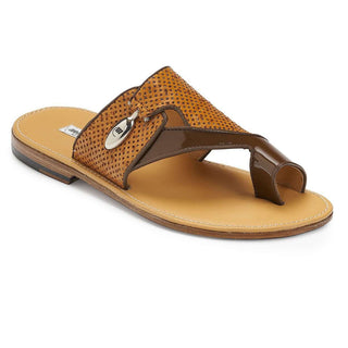 Mauri Designer Shoes Exotic Skin Men's Patent Leather & Ostrich Perforated Camel Sandals 5021 (MA4919) (Special Order)-AmbrogioShoes