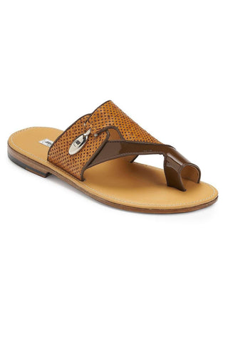 Mauri Designer Shoes Skin Men's Patent & Ostrich Perforated Camel Sandals 5021 (MA4919)-AmbrogioShoes