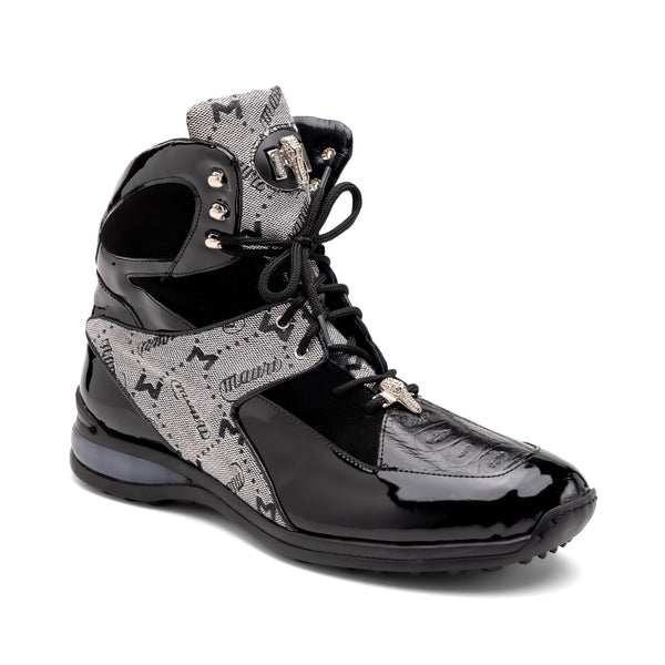 Mauri 8402 Men's Shoes Black & Gray Exotic Crocodile / Fabric / Patent Leather High-Top Sneakers (MA5553)-AmbrogioShoes