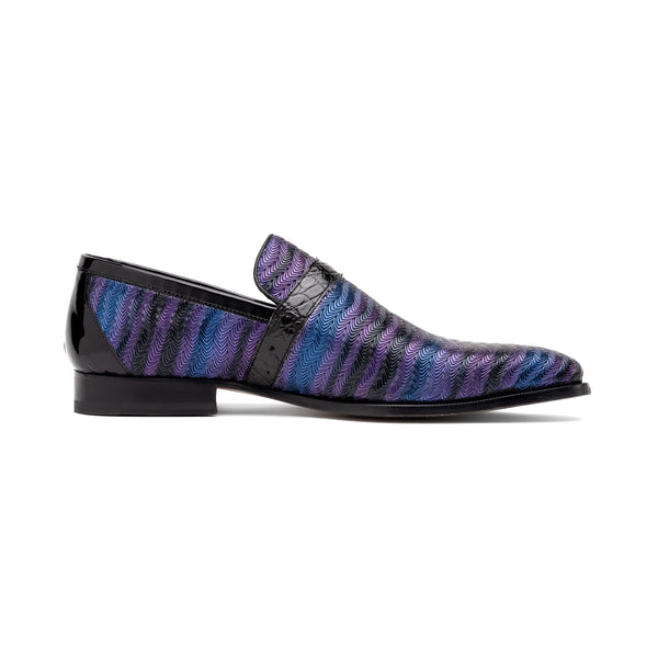 Mauri 4709-6 Men's Shoes Purple, Blue & Black Balera Fabric / Alligator / Patent Leather Slip-On Loafers (MA5567)-AmbrogioShoes
