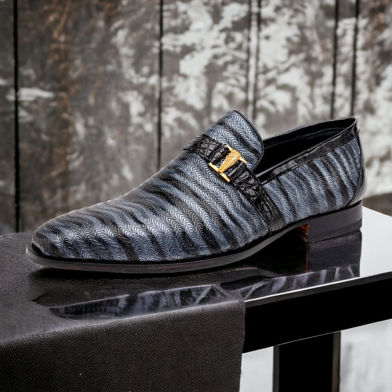 Mauri Elegante 4709-6 Men's Shoes Two-Tone Gray & Black Balera Fabric / Alligator / Patent Leather Slip-On Loafers (MA5568)-AmbrogioShoes